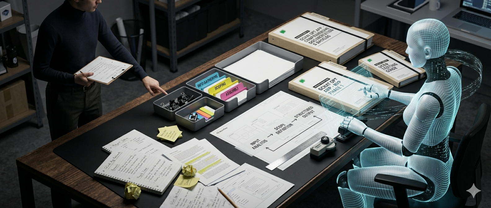 Project planning table with human and AI collaborator