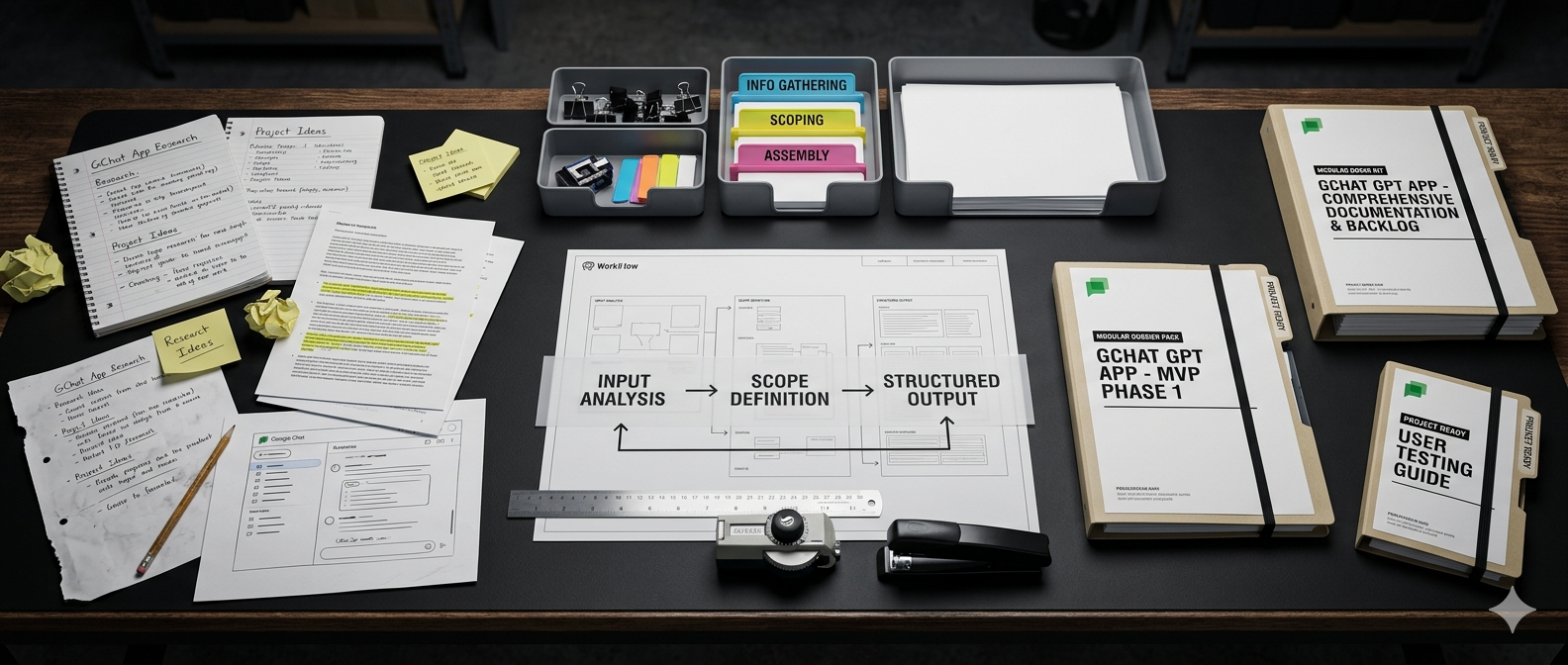 Structured planning desk with artifacts and opening package materials