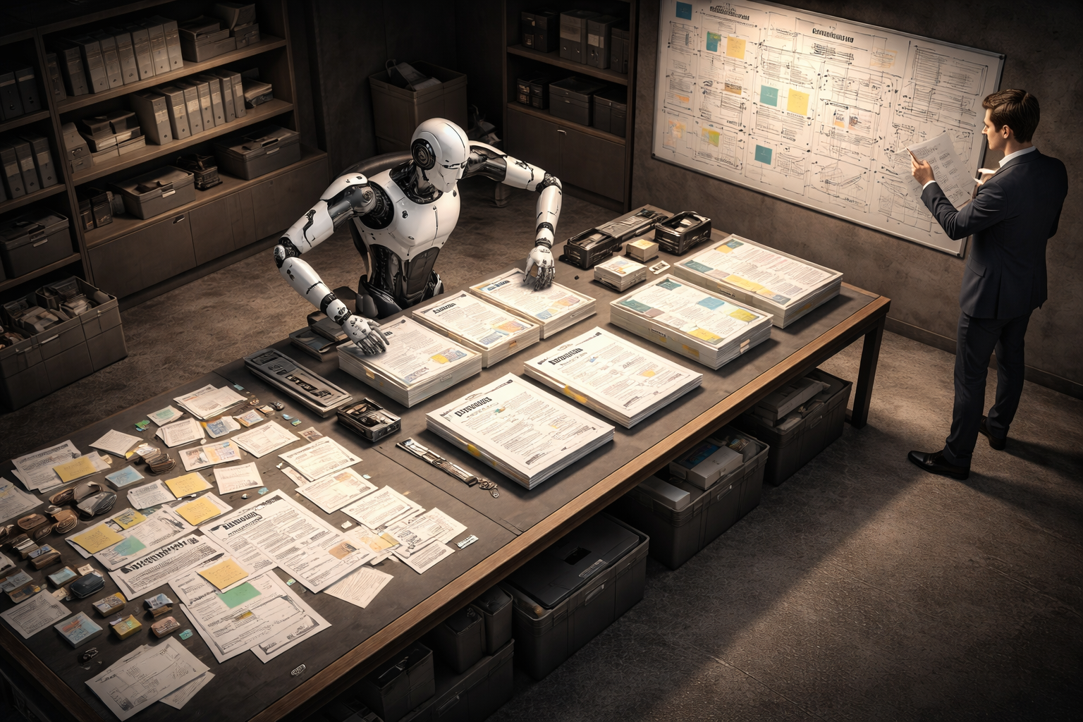 High-tech planning studio with AI and human reviewing structured project materials