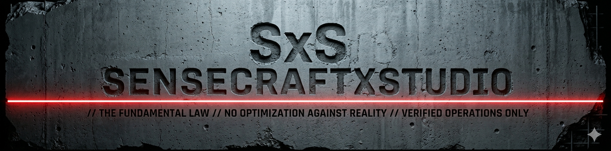 SensecraftXStudio concrete banner with the line: The fundamental law — no optimization against reality — verified operations only.