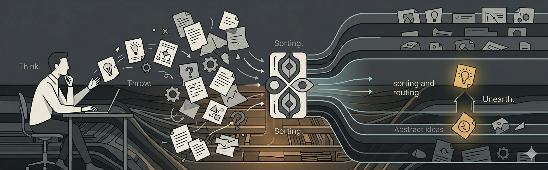 Signal Rail gesture artwork showing incoming material, sorting, routing, and resurfacing.