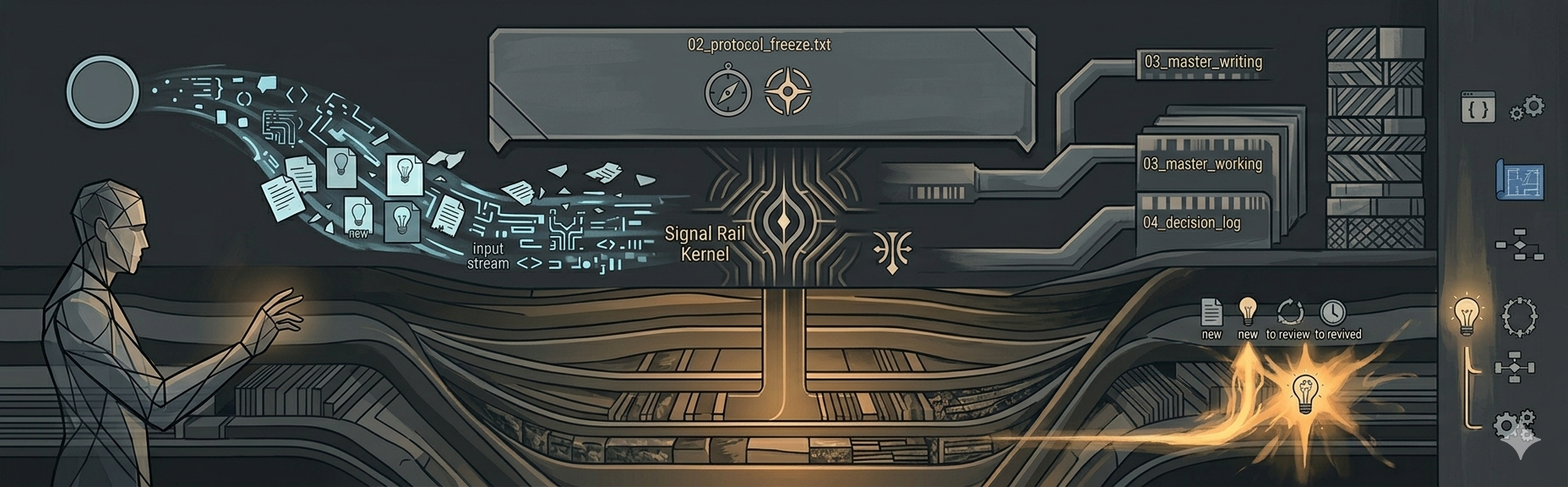 Signal Rail technical artwork showing kernel logic, file groups, and downstream routing.